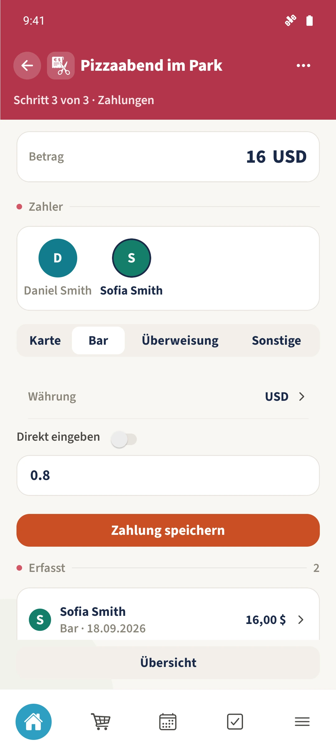 Das Zahlungsformular zeigt 16 USD von Sofia, die Methode Bar und den manuell eingetragenen Demonstrationskurs 0,8.