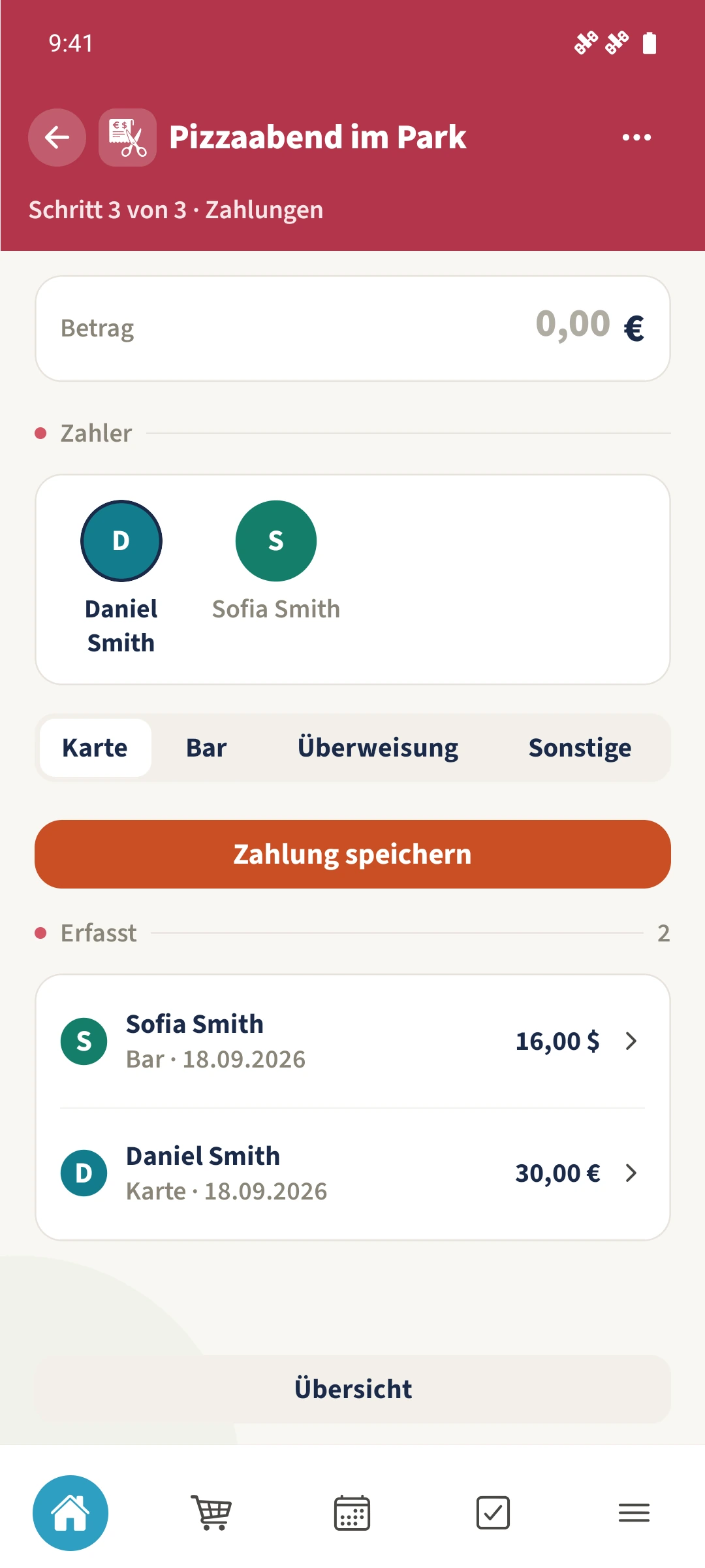 Die Zahlungsliste enthält zwei gespeicherte Beträge: 16 USD von Sofia und 30 Euro von Daniel.