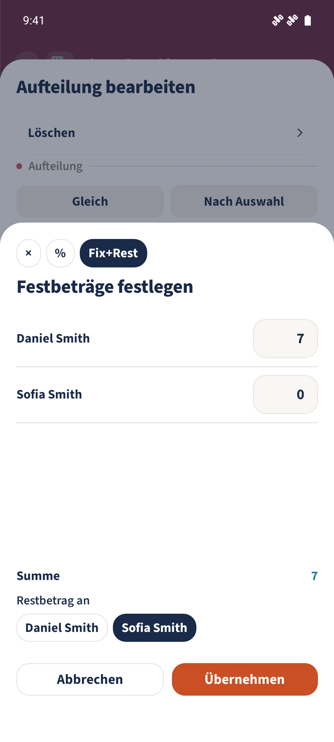„Fix+Rest“ weist Daniel 7 Euro zu und wählt Sofia für den verbleibenden Betrag der Position.