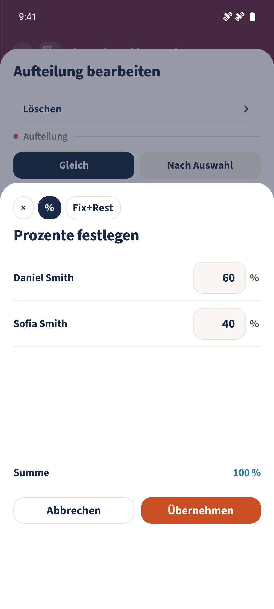 Die alternative Prozentaufteilung verwendet 60 und 40 Prozent, zusammen 100 Prozent.