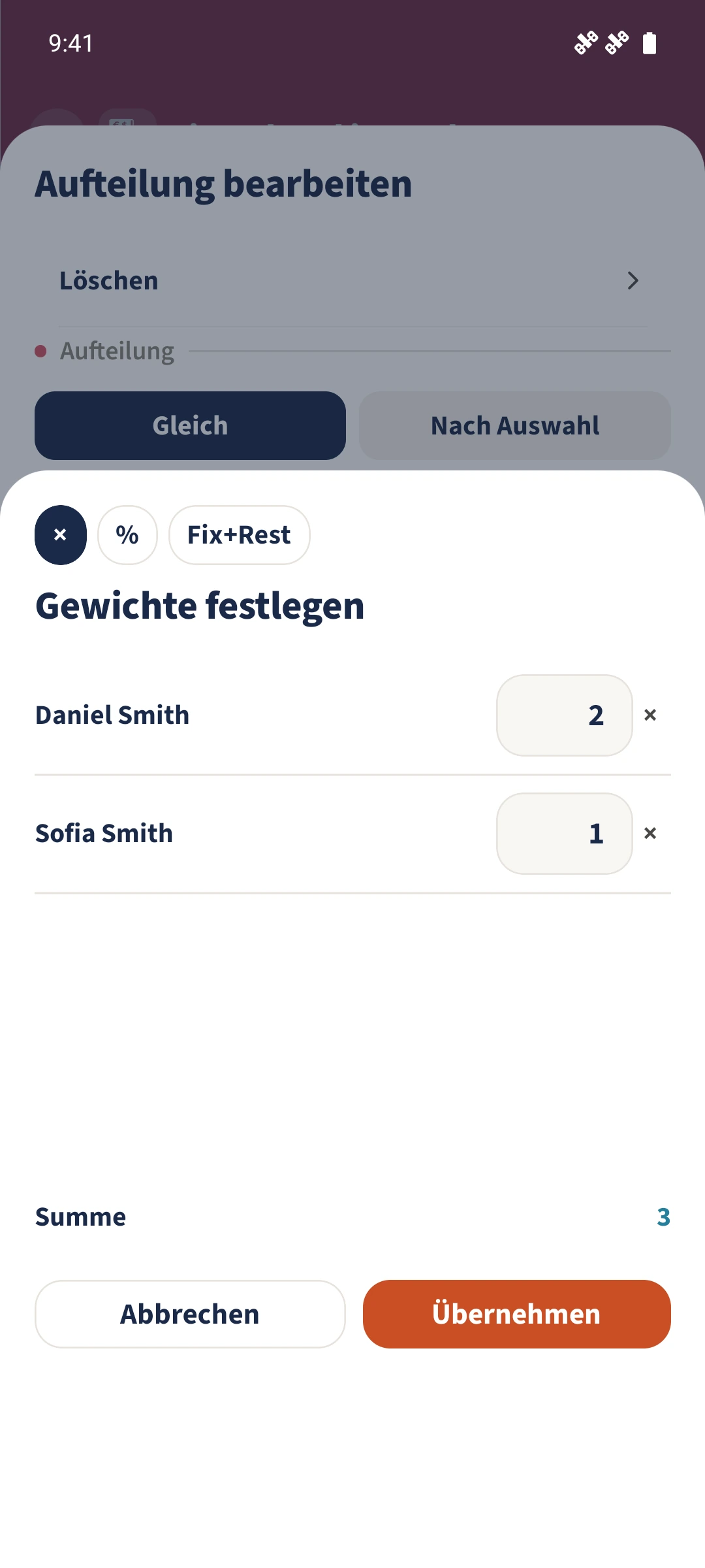 Die Gewichte 2 für Daniel und 1 für Sofia bilden eine Summe von drei relativen Anteilen.