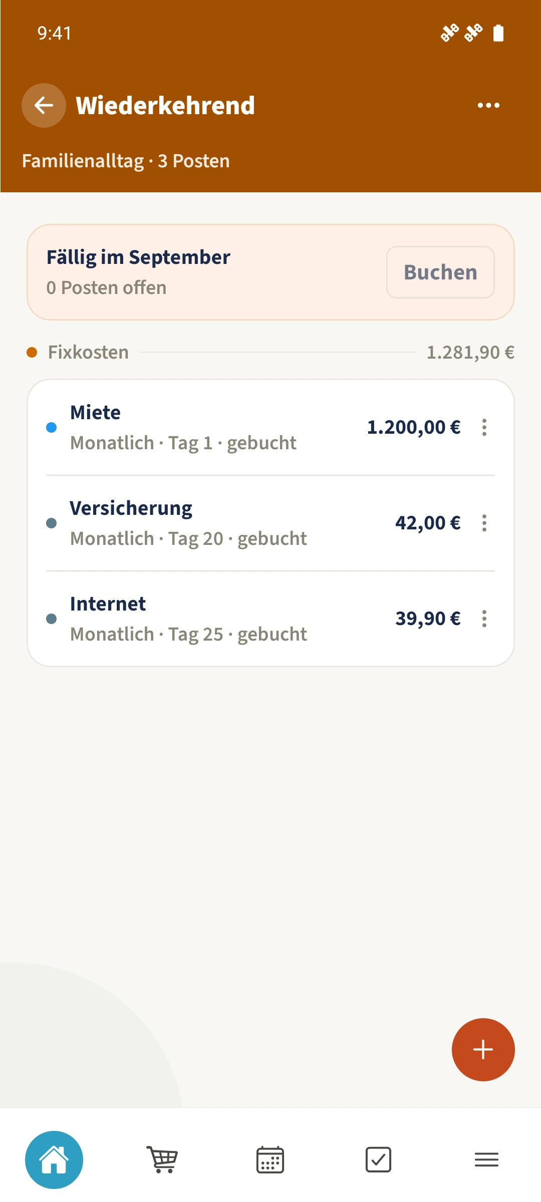 Nach der bestätigten Übernahme sind Miete, Versicherung und Internet für September gebucht.