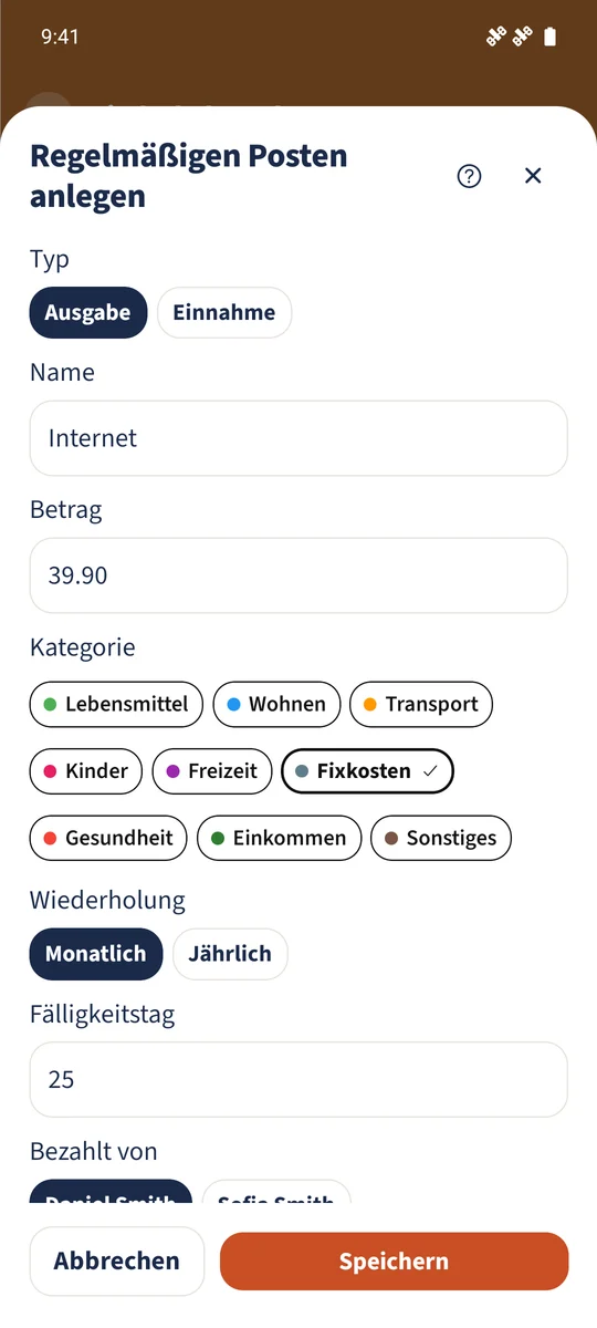 Der neue Internetposten ist mit 39,90 Euro, Kategorie Fixkosten und monatlicher Fälligkeit am 25. vorbereitet.