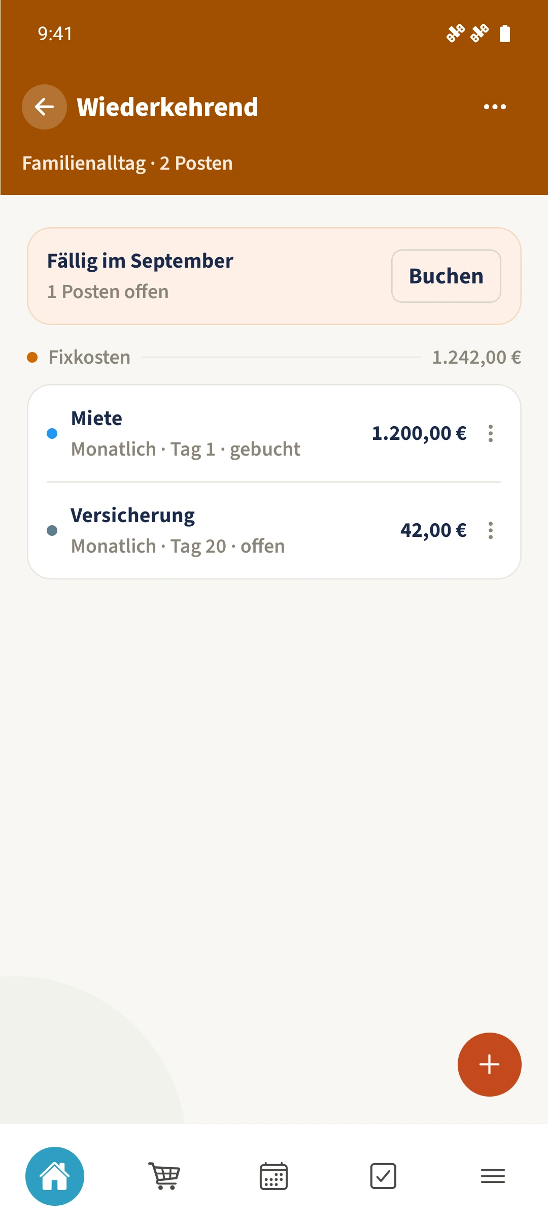 Die Ausgangsliste enthält die bereits gebuchte Miete und die noch offene Versicherung.