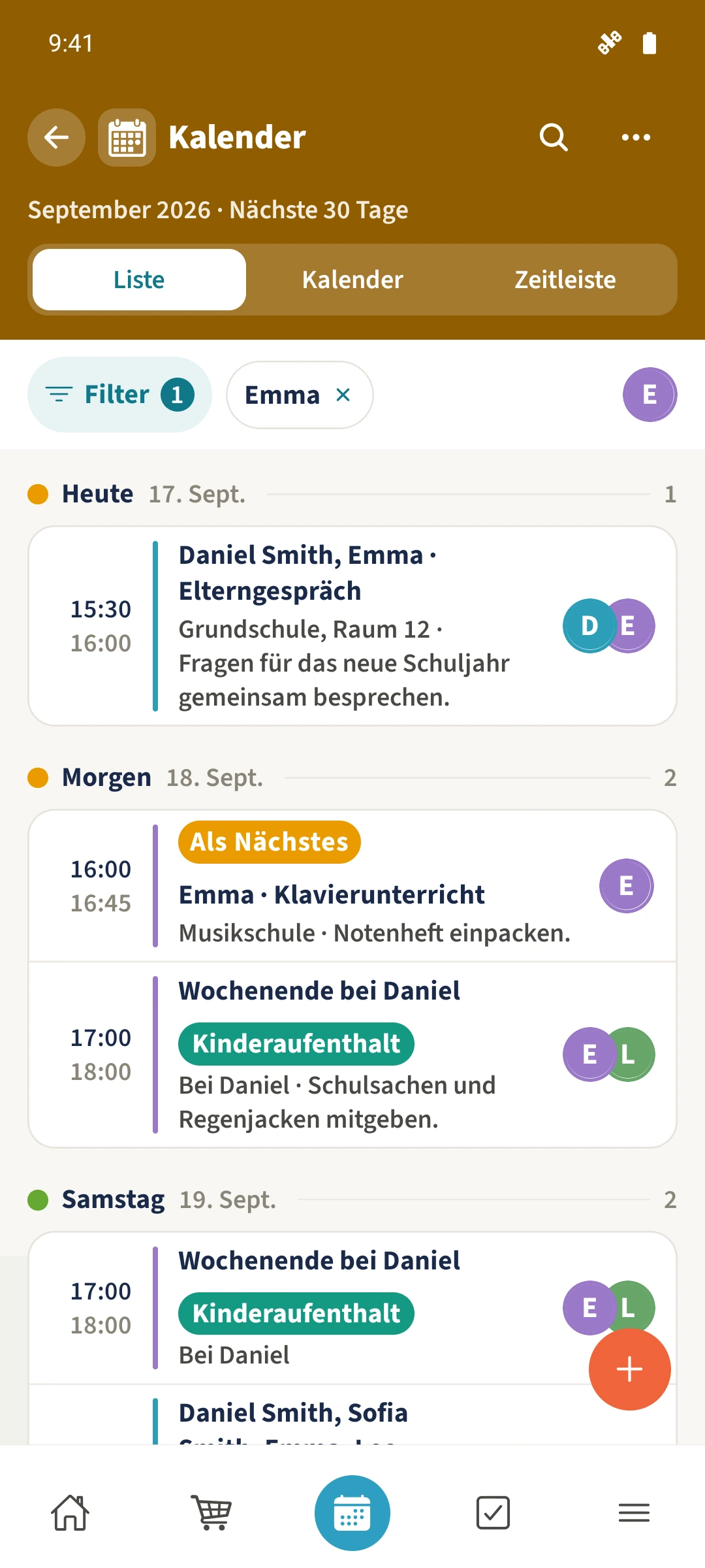 Emmas Kalenderliste zeigt auch gemeinsame Termine mit anderen Familienmitgliedern.