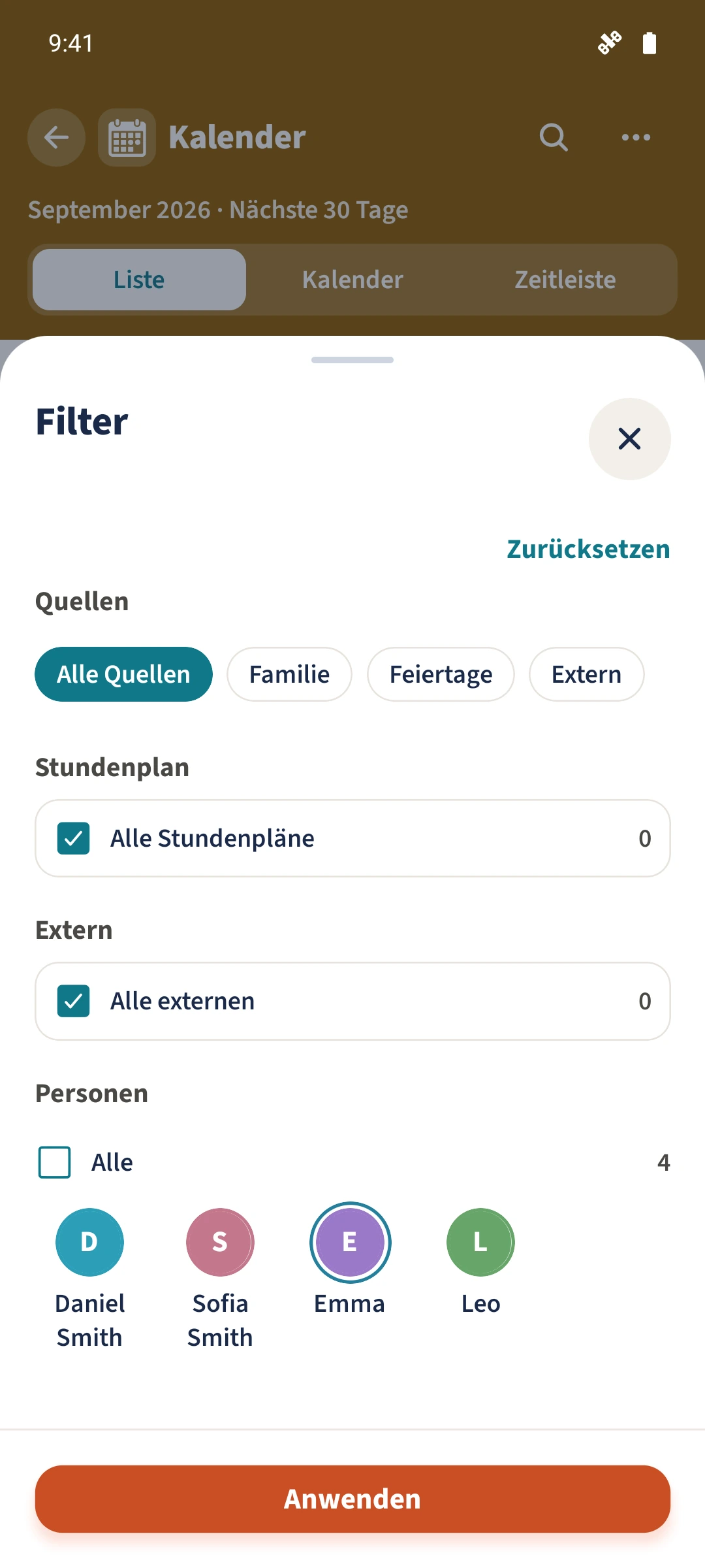 Im Personenfilter ist nur Emma ausgewählt.