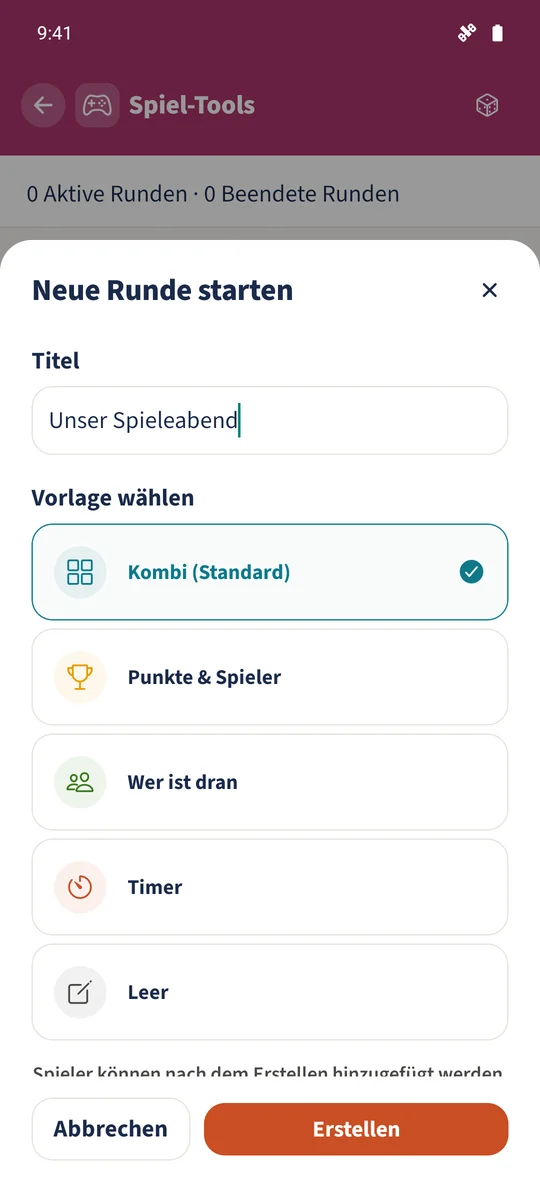 Eine neue Sitzung mit Titel und Kombi-Vorlage wird vorbereitet.