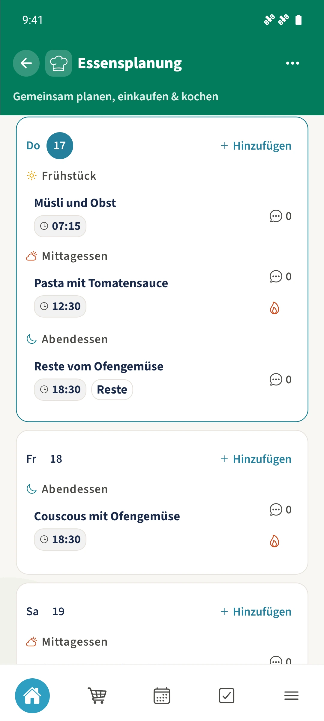 Der 17. September zeigt Müsli zum Frühstück, Pasta zum Mittagessen und als Reste markiertes Ofengemüse am Abend. Darunter steht das Abendessen für Freitag.
