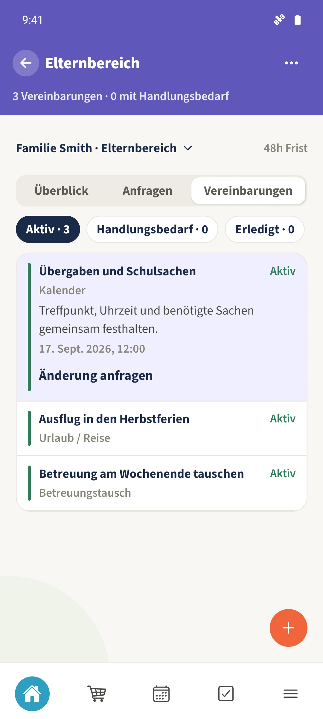 Die angenommene Vereinbarung Übergaben und Schulsachen steht unter Aktiv.