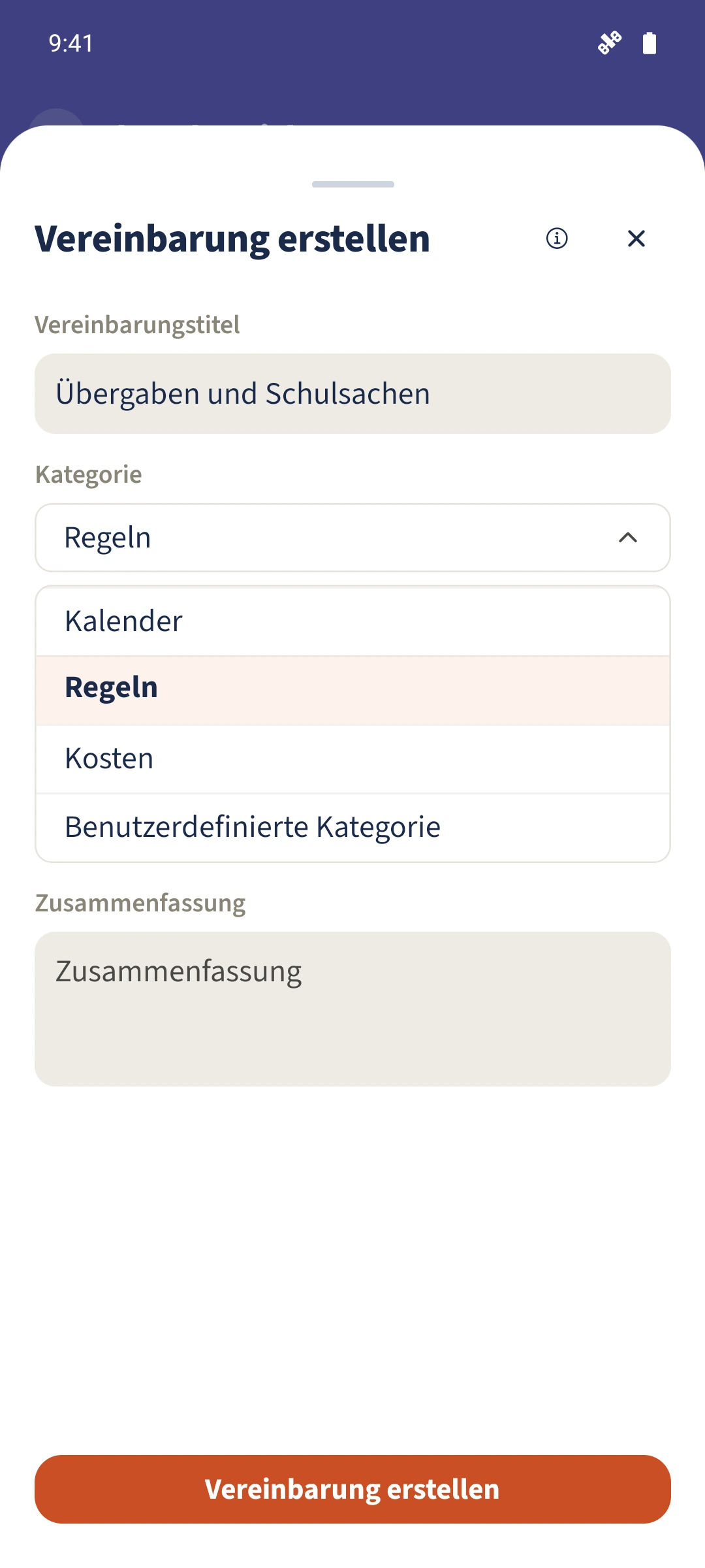 Kategorieauswahl für eine Vereinbarung: Kalender, Regeln, Kosten oder benutzerdefiniert.