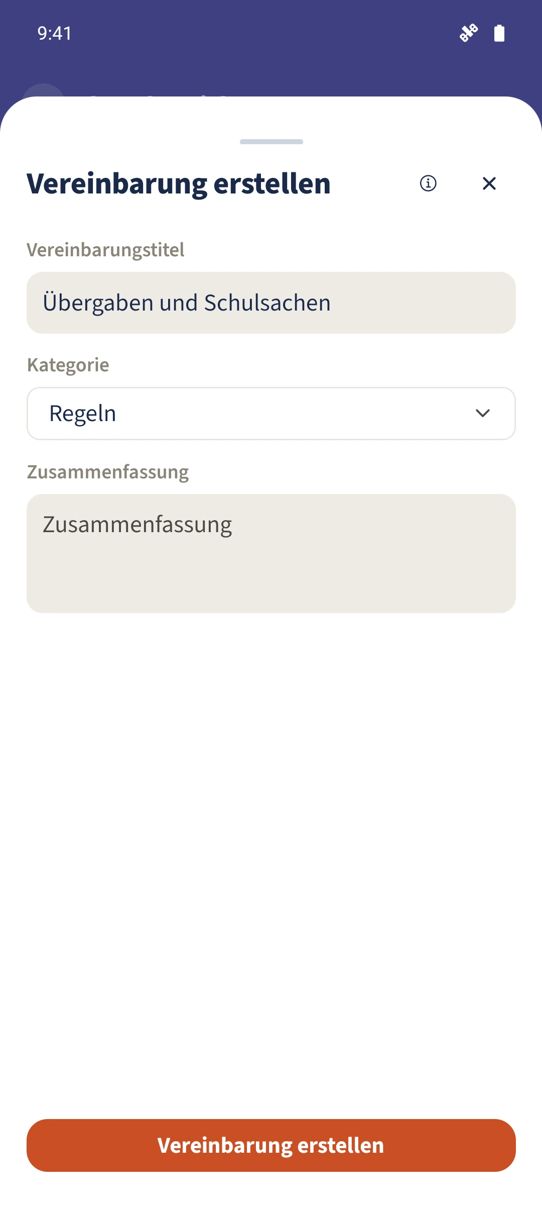 Eine neue Vereinbarung erhält den Titel Übergaben und Schulsachen.