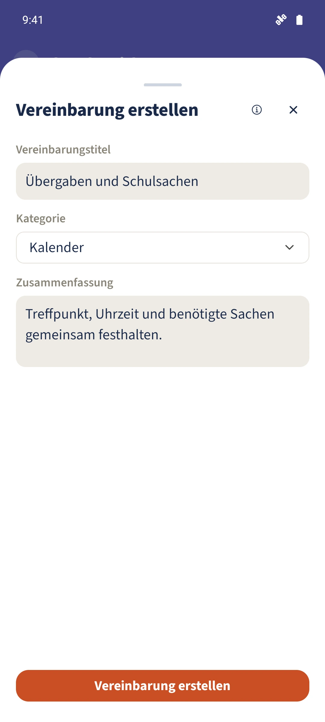 Noch nicht gespeicherte Vereinbarung mit Titel, Kategorie Kalender und Zusammenfassung.
