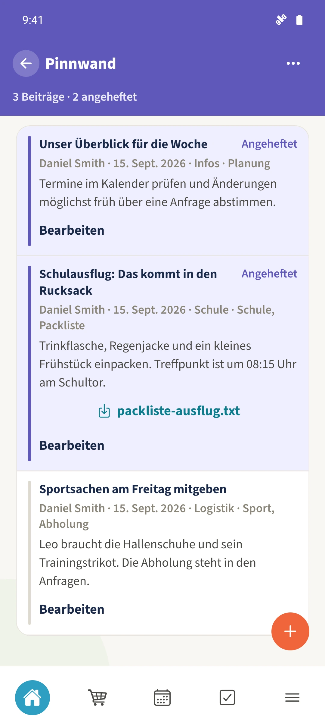 Pinnwand mit angehefteten Hinweisen, einer Packliste als Anhang und Sportsachen für Leo.