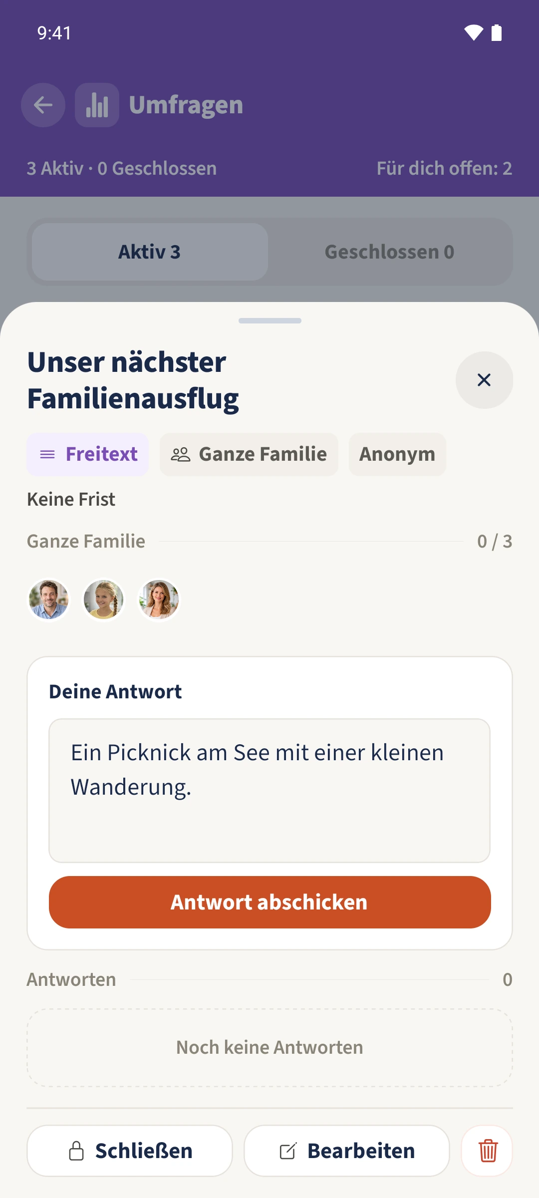 Daniel hat eine Idee eingetragen und kann sie abschicken.