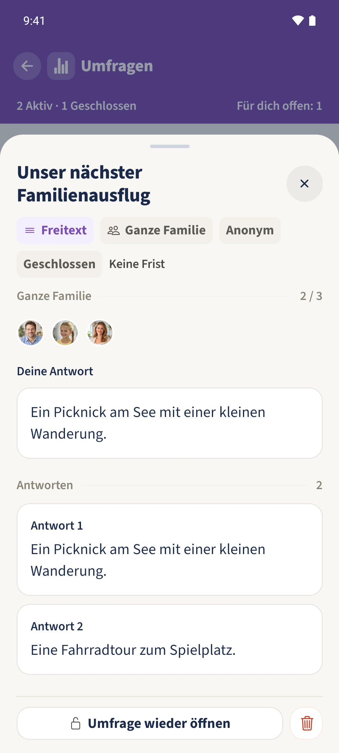 Die erneut geöffnete, geschlossene Umfrage zeigt zwei Antworten ohne Zuordnung zu Personen.
