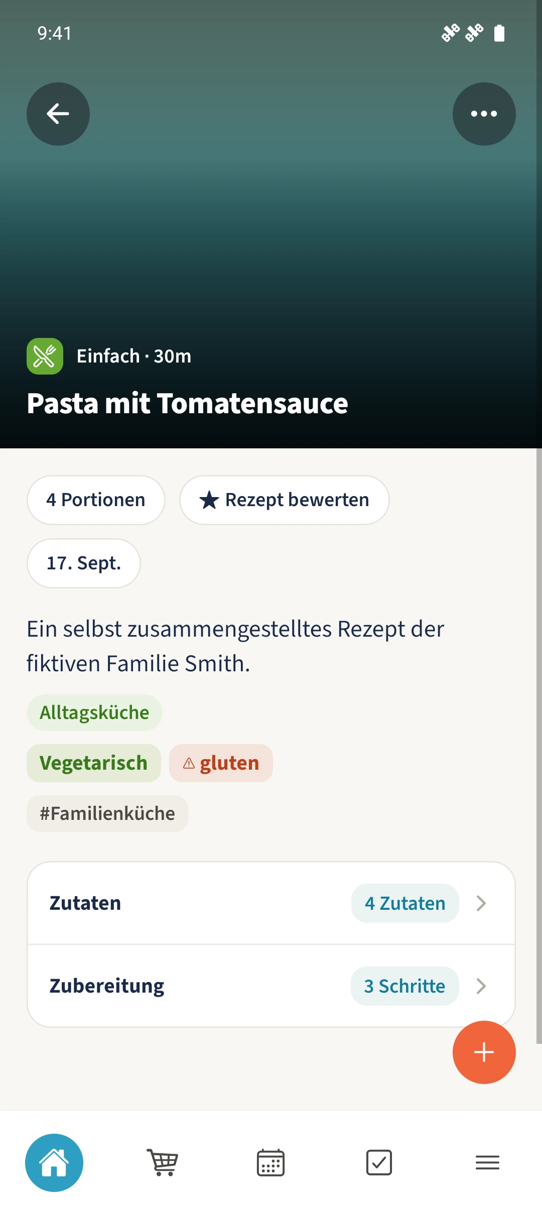 Die Rezeptdetailansicht zeigt Portionen, Kategorie und gespeicherte Hinweise. Die vollständigen Zutaten und Schritte lassen sich aufklappen.
