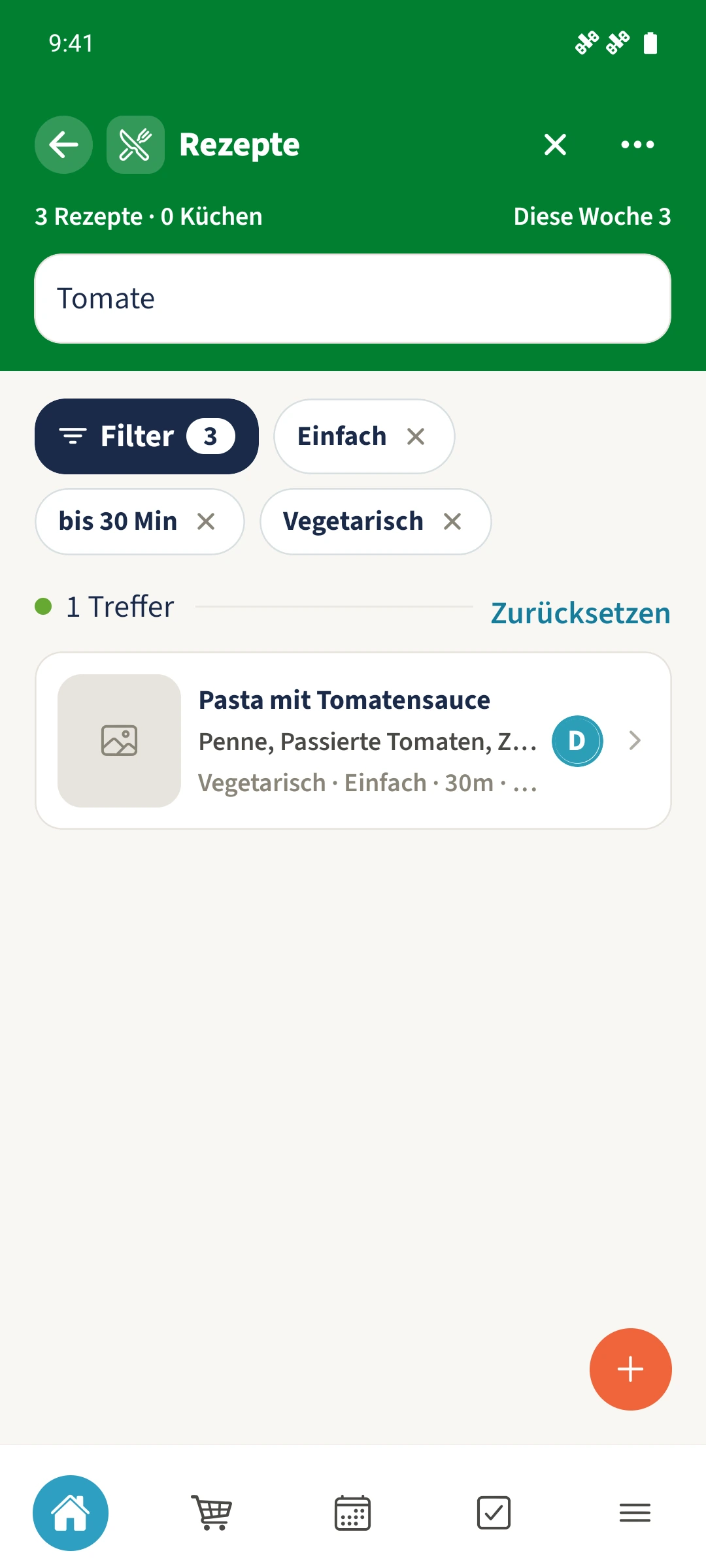 Nach dem Anwenden der Filter erscheint die Pasta mit Tomatensauce als einziger Treffer.
