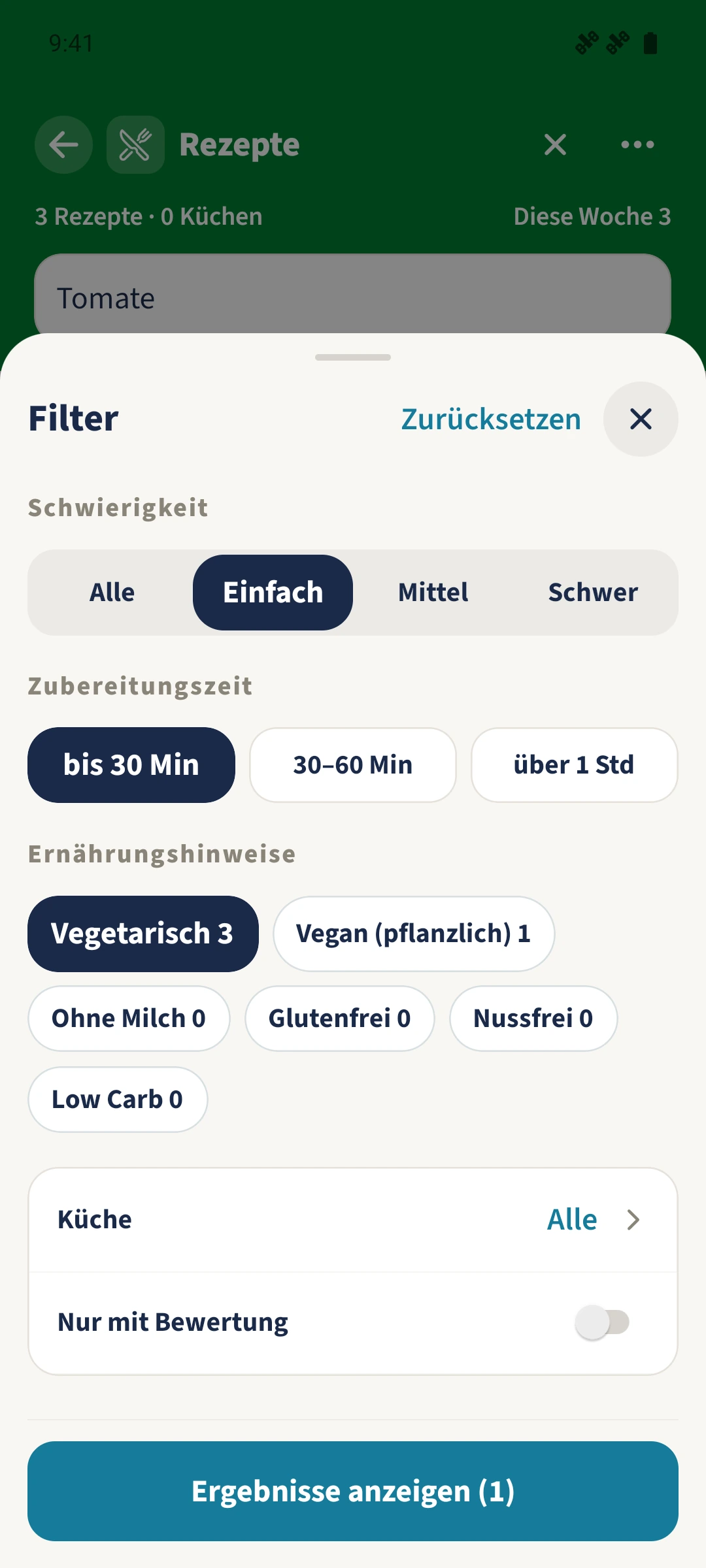 Die Suche nach „Tomate“ wird mit „Einfach“, „bis 30 Min“ und „Vegetarisch“ kombiniert. Die Schaltfläche zeigt einen Treffer.
