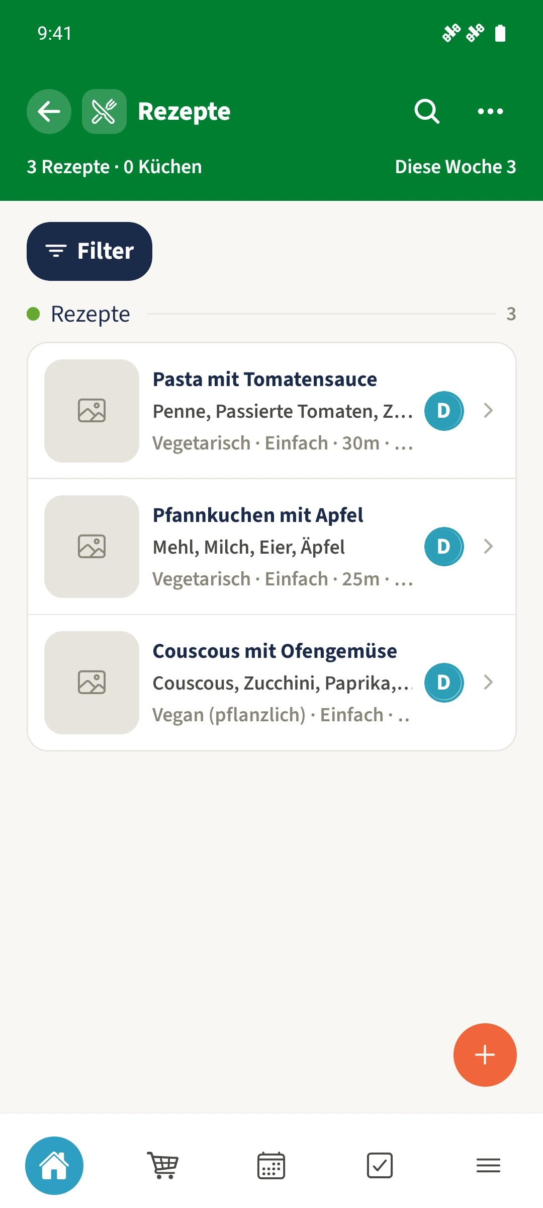 Die Rezeptübersicht der Familie Smith zeigt drei eigene Rezepte mit Zutatenvorschau, Zeit und Ernährungshinweisen. Es wurden keine Rezeptfotos hinzugefügt.