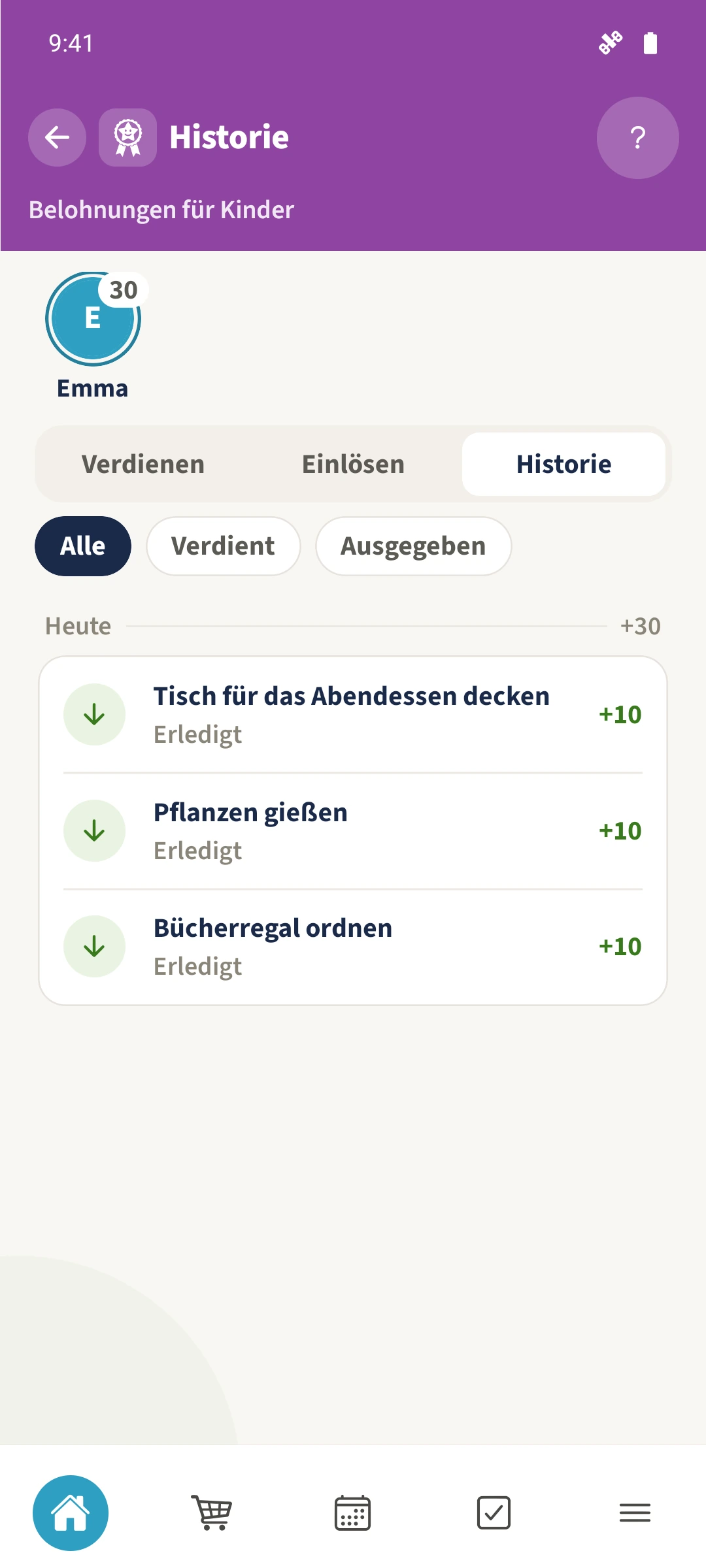 Die Historie enthält drei tatsächliche Gutschriften von je zehn Punkten.