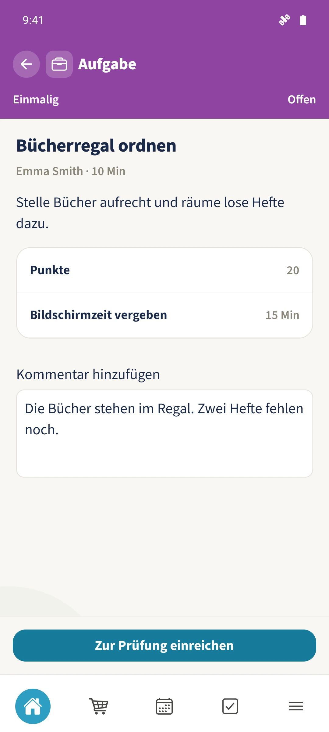 Die Bücherregal-Aufgabe bietet 20 Punkte und 15 Minuten.