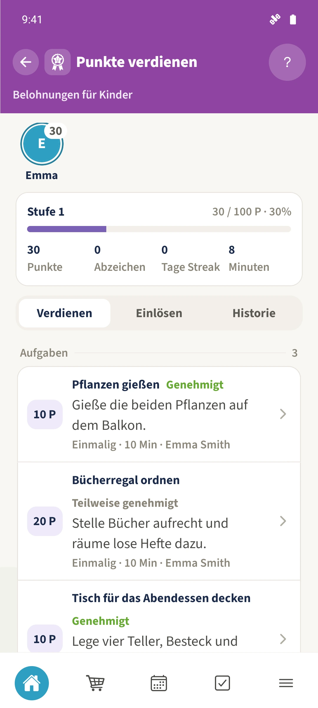 Nach drei Freigaben zeigt Emmas Übersicht 30 Punkte und acht Minuten.