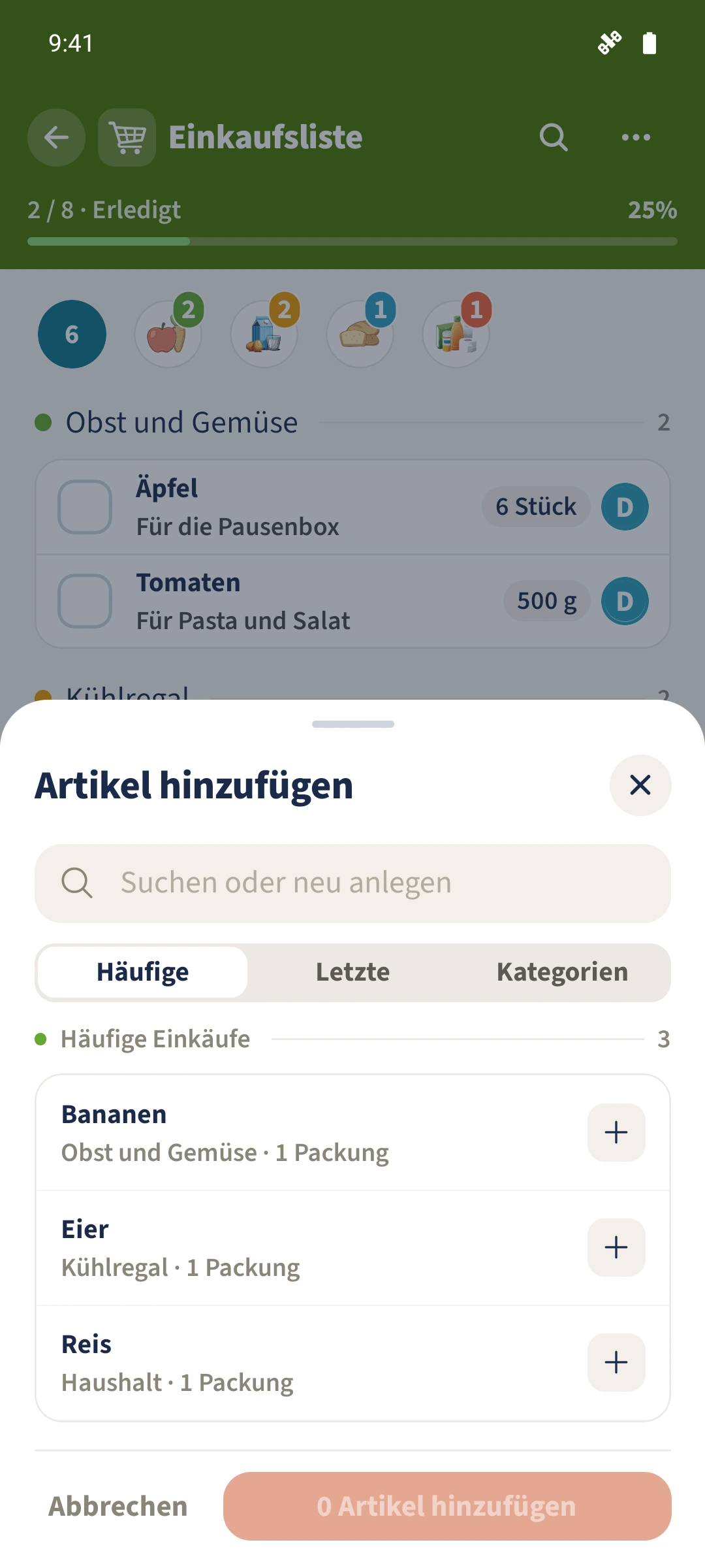 Häufig gekaufte Artikel lassen sich im Hinzufügen-Dialog für den nächsten Einkauf auswählen.
