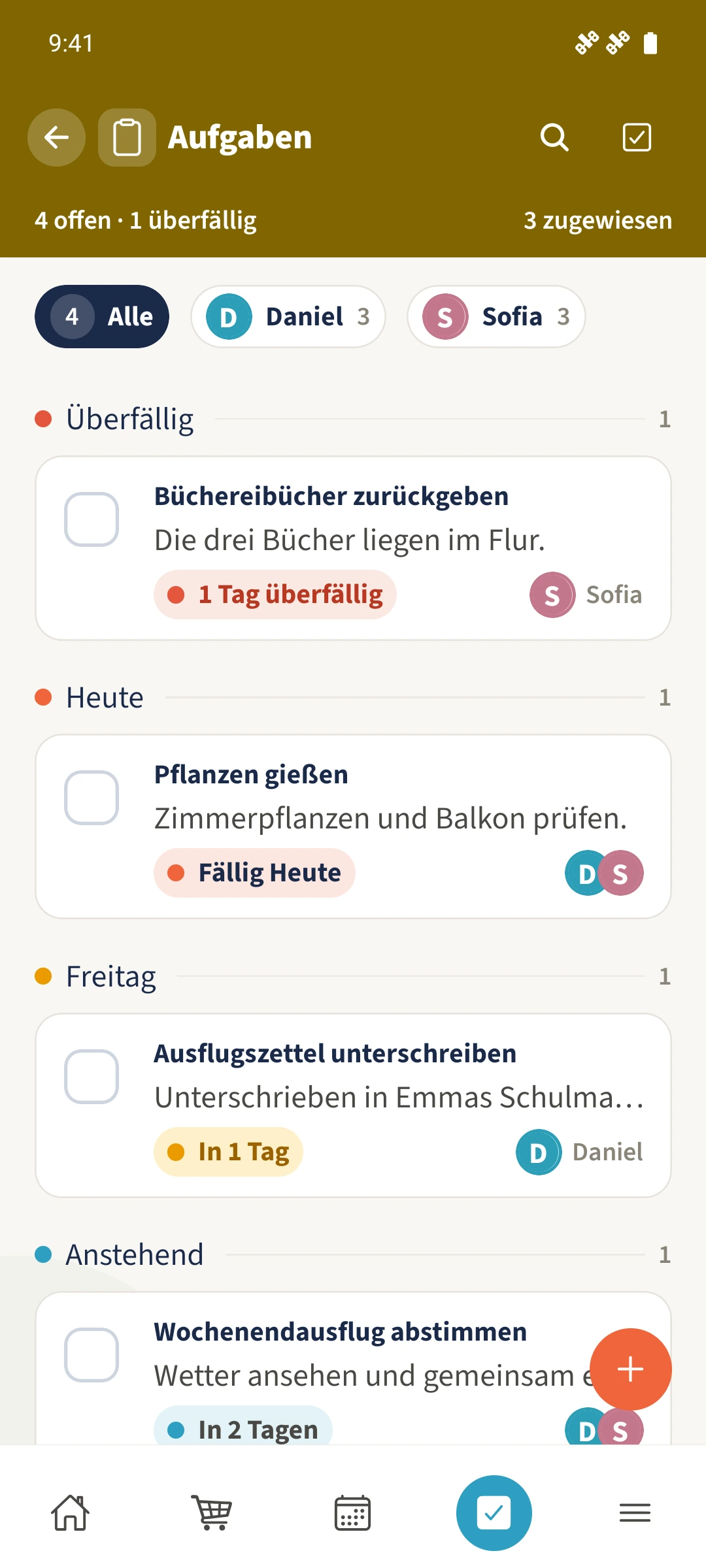 Aufgabenübersicht der Familie Smith mit Zuständigkeiten für Daniel und Sofia sowie überfälligen und anstehenden Aufgaben.