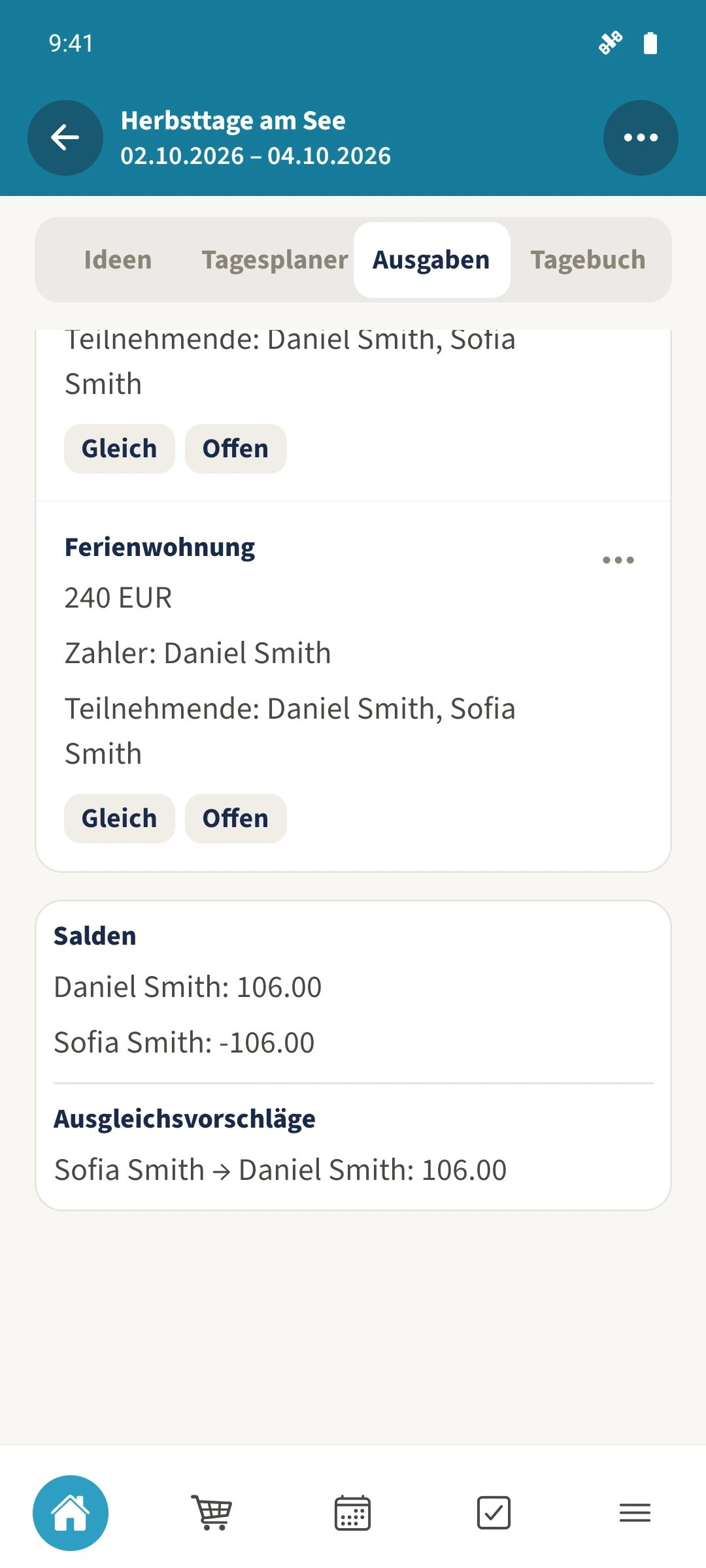 Nach dem Speichern ergibt die Reise einen offenen Ausgleich von 106 Euro von Sofia an Daniel.