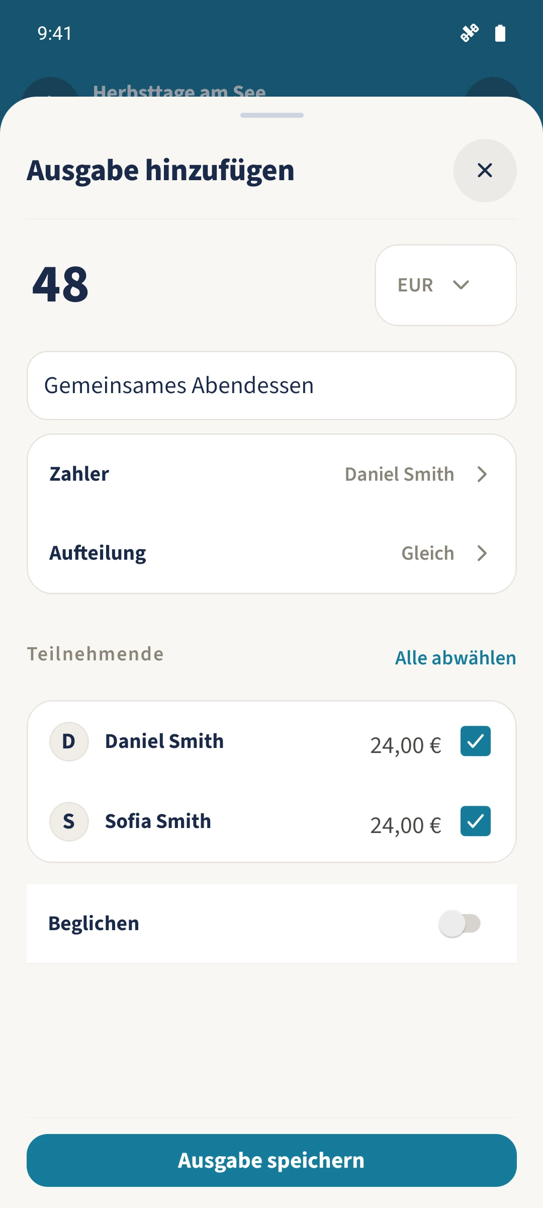 Das Abendessen über 48 Euro ist vor der Umstellung gleich zwischen Daniel und Sofia geteilt.