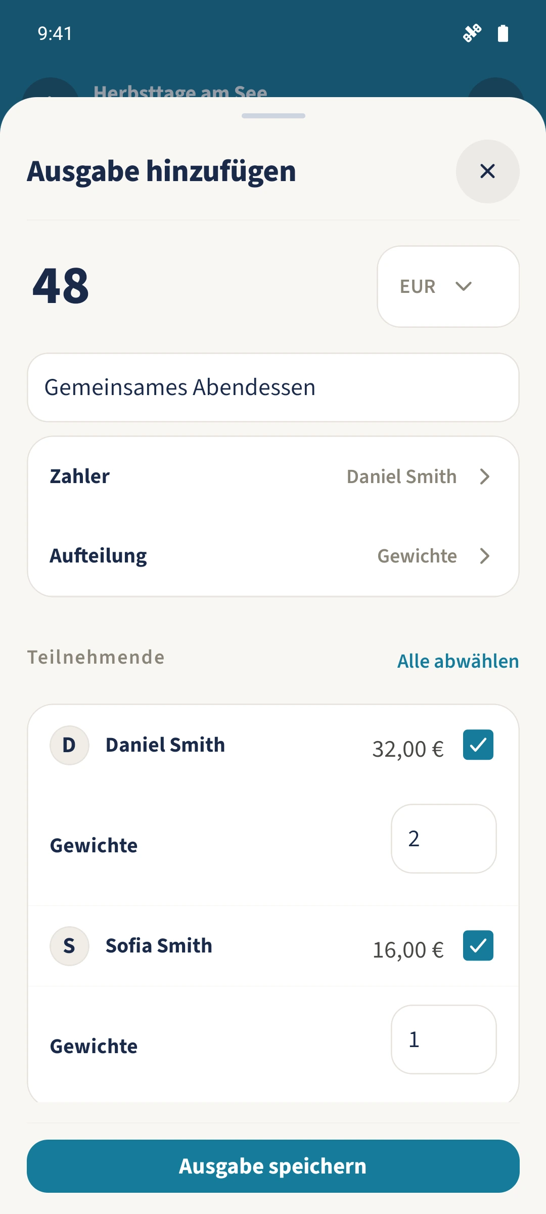 Die Gewichte 2 und 1 teilen dieselbe Ausgabe in 32 Euro für Daniel und 16 Euro für Sofia.