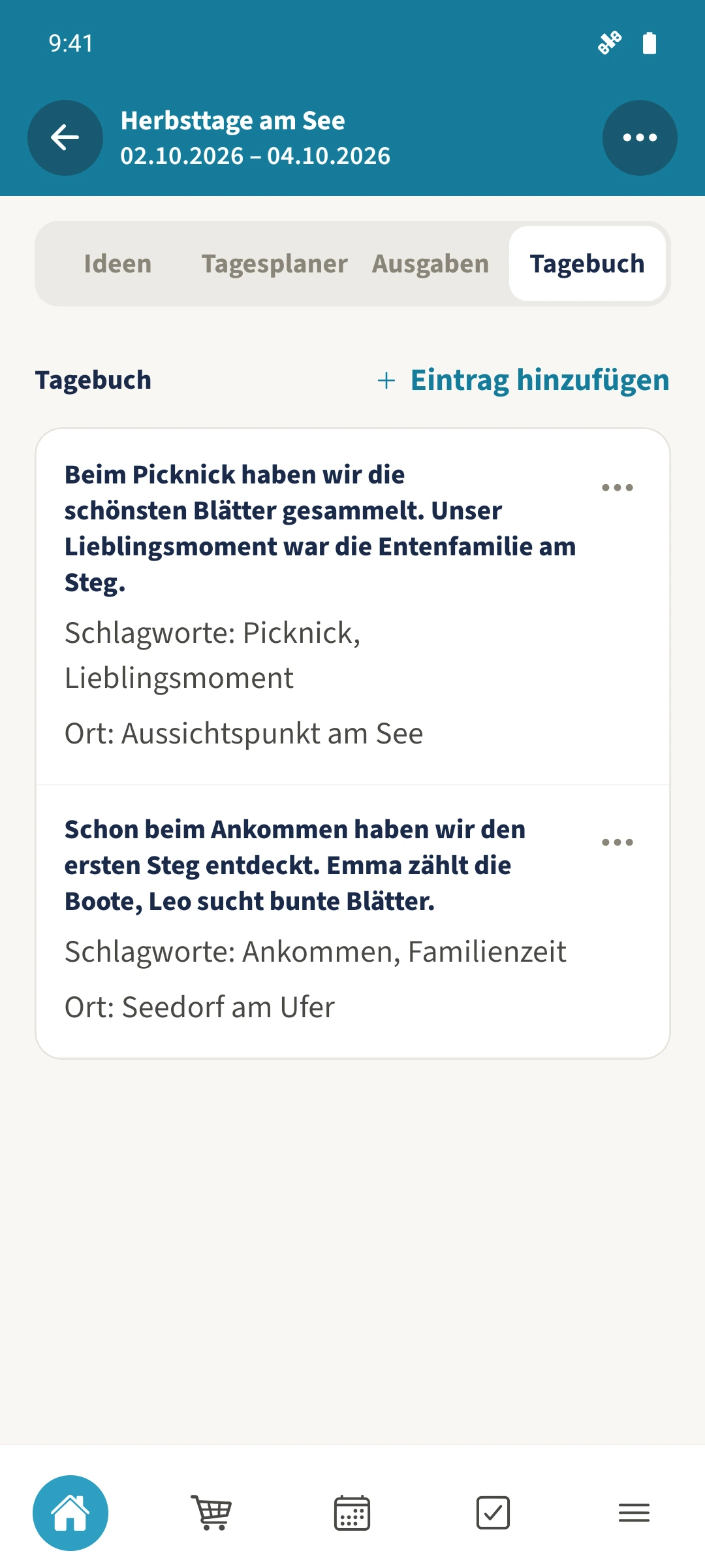 Das gemeinsame Tagebuch zeigt zwei gespeicherte Erinnerungen mit Orten und Schlagworten.