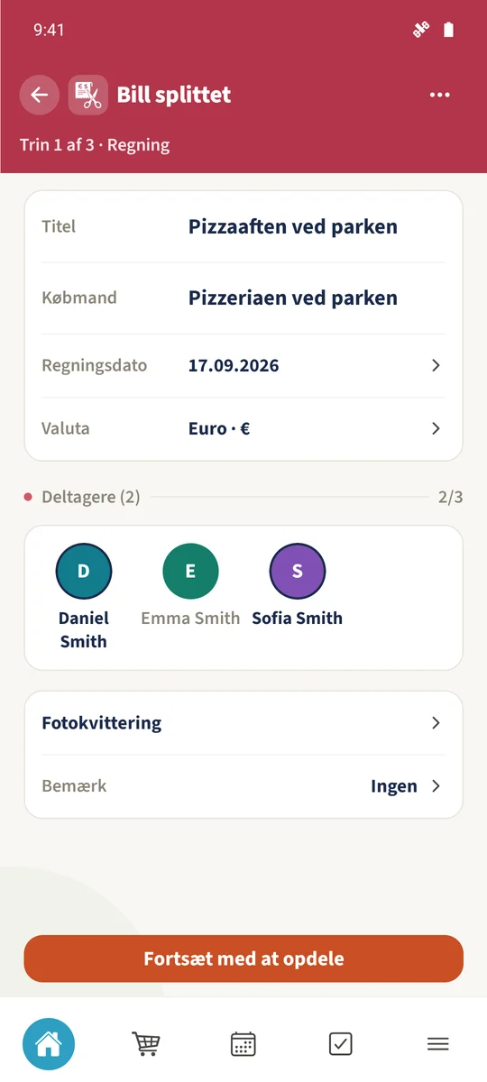 Regningen bruger EUR og har Daniel og Sofia som aktive deltagere.