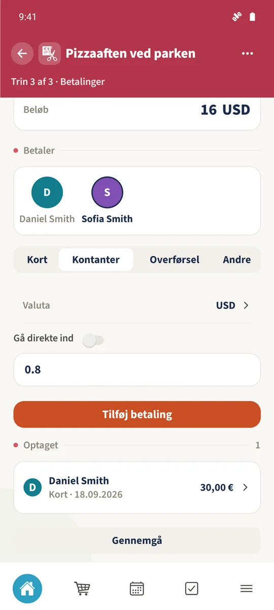 Betalingsformularen viser 16 USD fra Sofia, Kontanter og en manuelt indtastet demonstrationskurs på 0,8.