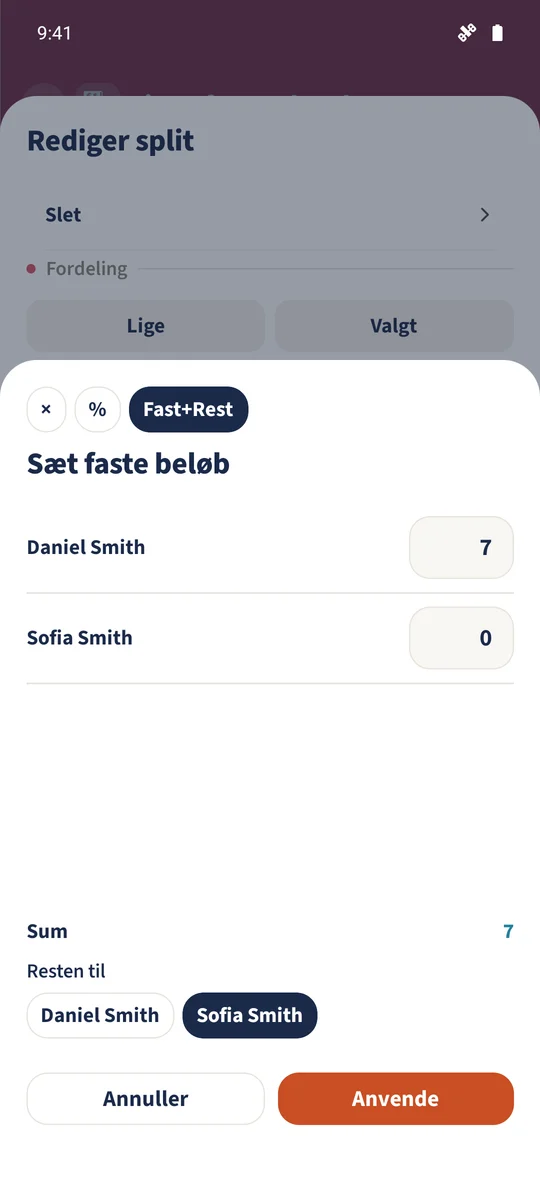 Fast+Rest fordeler 7 € af postens udgift til Daniel og resten af udgiften til Sofia.
