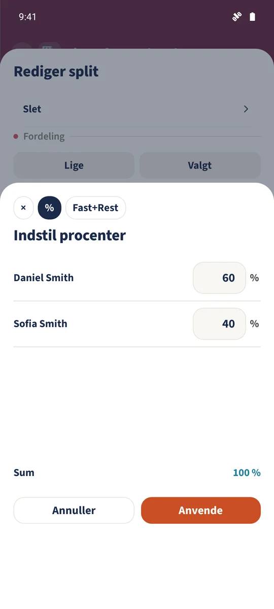Den alternative procentfordeling bruger 60 og 40, i alt 100 %.