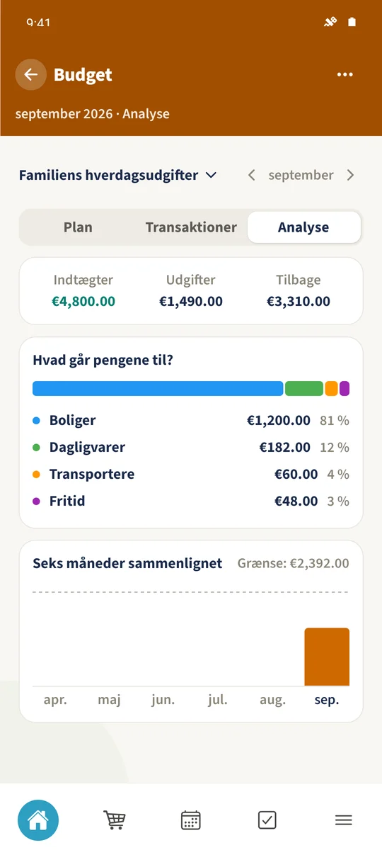 Analyse viser indtægts- og udgiftstotaler og kategorien Dagligvarer på 182 €.