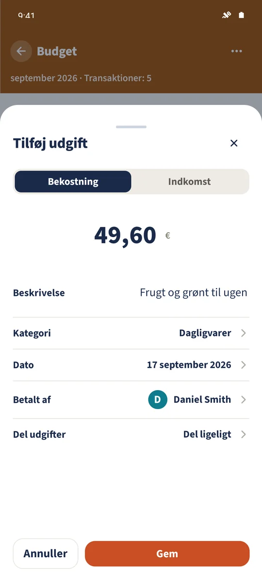 Rediger transaktion viser den eksisterende udgift på 49,60 € med dato, betaler, kategori og udgiftsfordeling.
