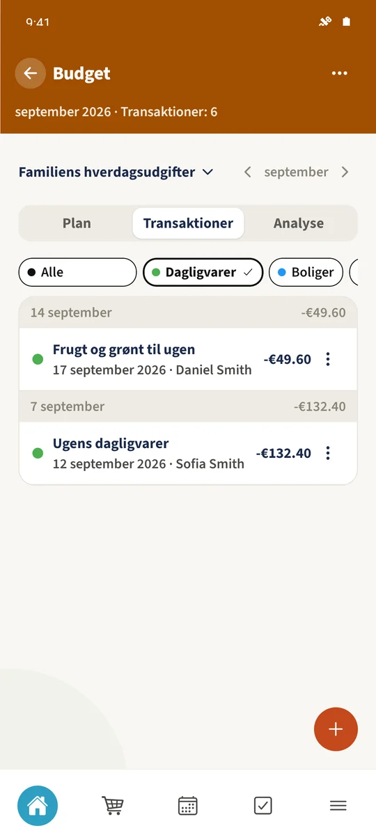 Filteret Dagligvarer viser Ugens dagligvarer og Frugt og grøntsager til ugen, i alt 182 €.