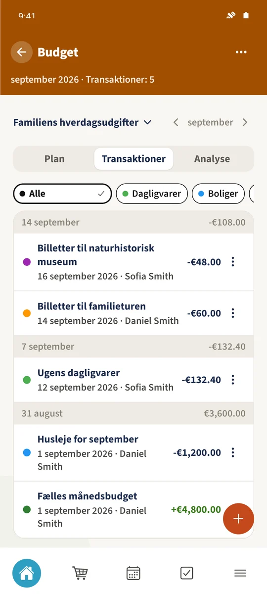 Transaktioner viser familiens registrerede indtægter og udgifter.