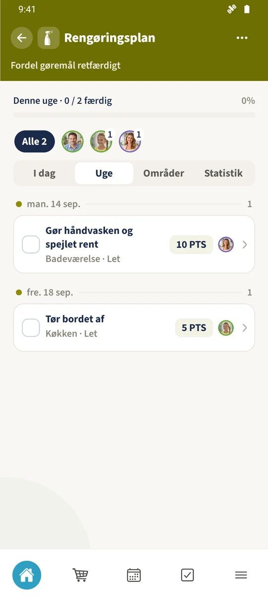 Uge viser en forberedt mandagsopgave og fredagsopgaven genereret i appen.