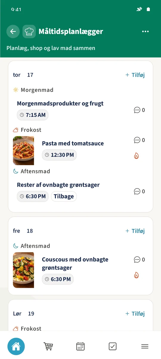Familiens madplan viser Morgenmadsprodukter og frugt, Pasta med tomatsauce og Rester af ovnbagte grøntsager markeret med Tilbage efterfulgt af næste dags aftensmad.