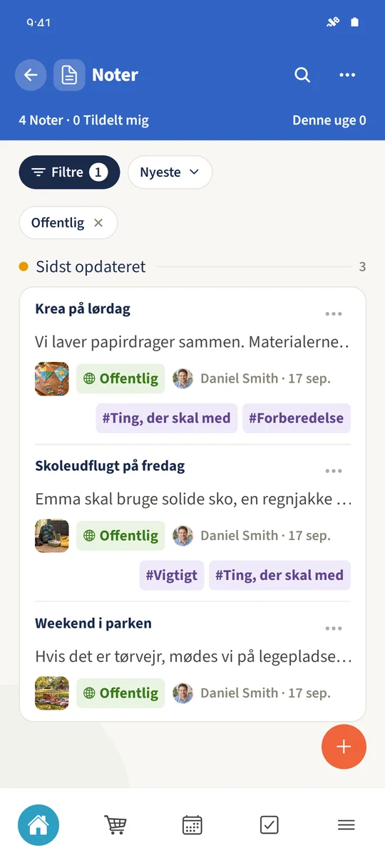 Visningen Offentlig viser tre fælles noter: Skoleudflugt på fredag, Kreativ lørdag og Weekend i parken.