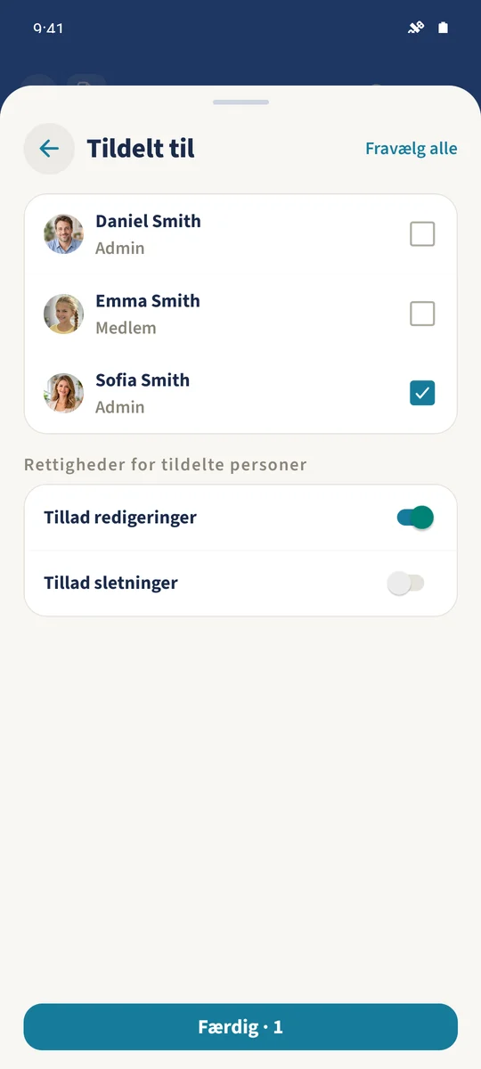 Sofia er valgt i Tildelt til med redigering tilladt og sletning slået fra.