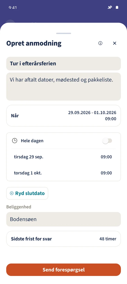 En usendt rejseforespørgsel indeholder rejseoplysningerne for Emma og Leo.