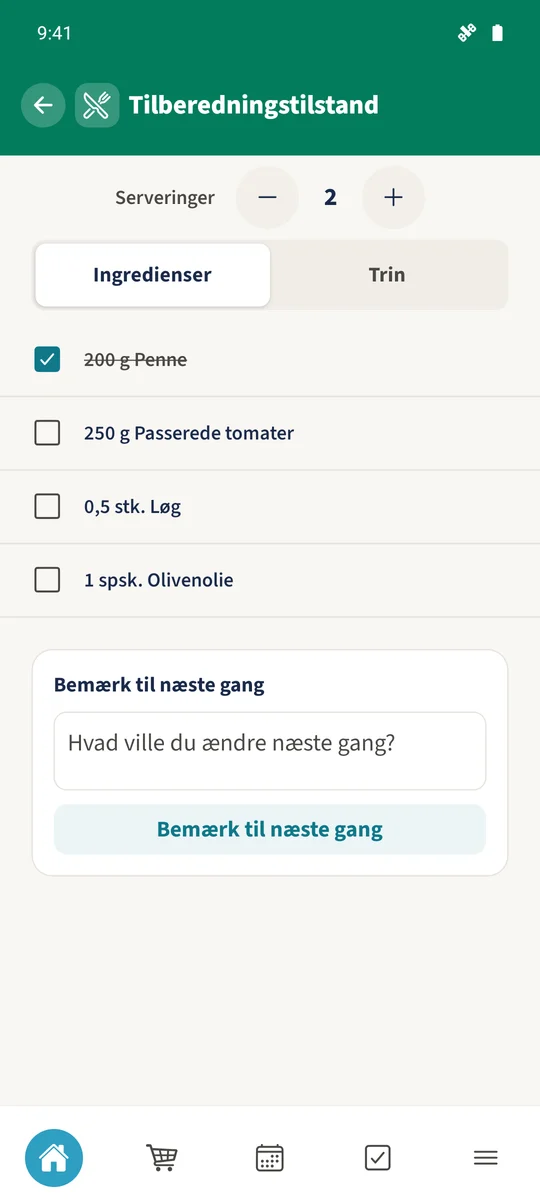 Tilberedningstilstand viser to portioner, 200 g penne og penneingrediensen krydset af.