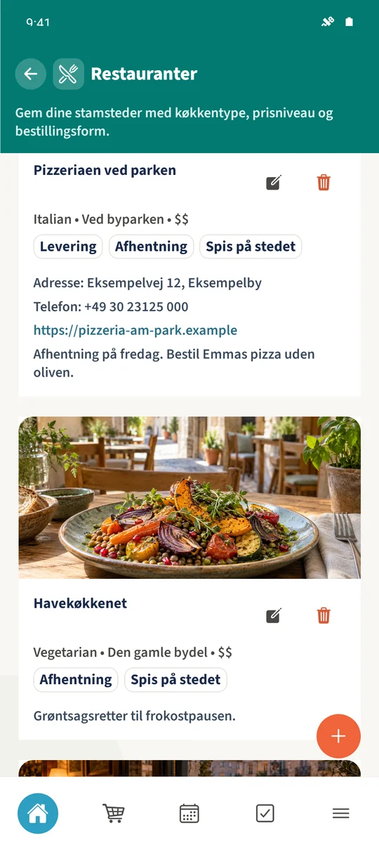 Det gemte pizzeriakort viser oplysningerne, herunder kontaktoplysninger og familienoten.