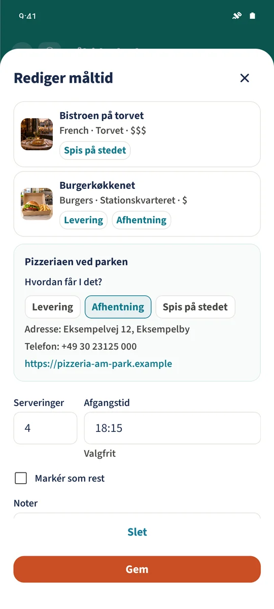 Den genåbnede måltidsformular viser Parkside Pizzeria, Afhentning, fire portioner og en gemt afgangstid på 18:15.