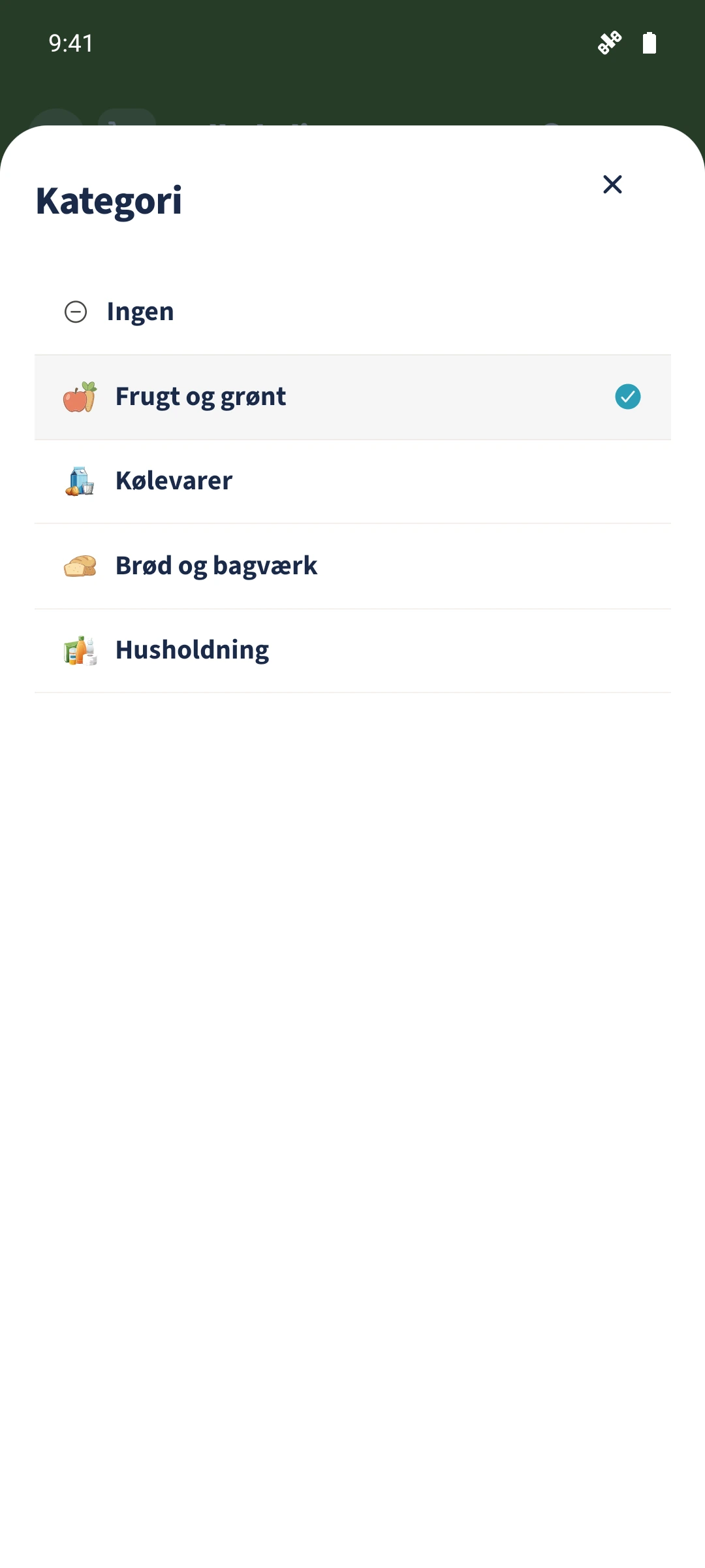 Frugt og grøntsager er valgt i kategorivælgeren.