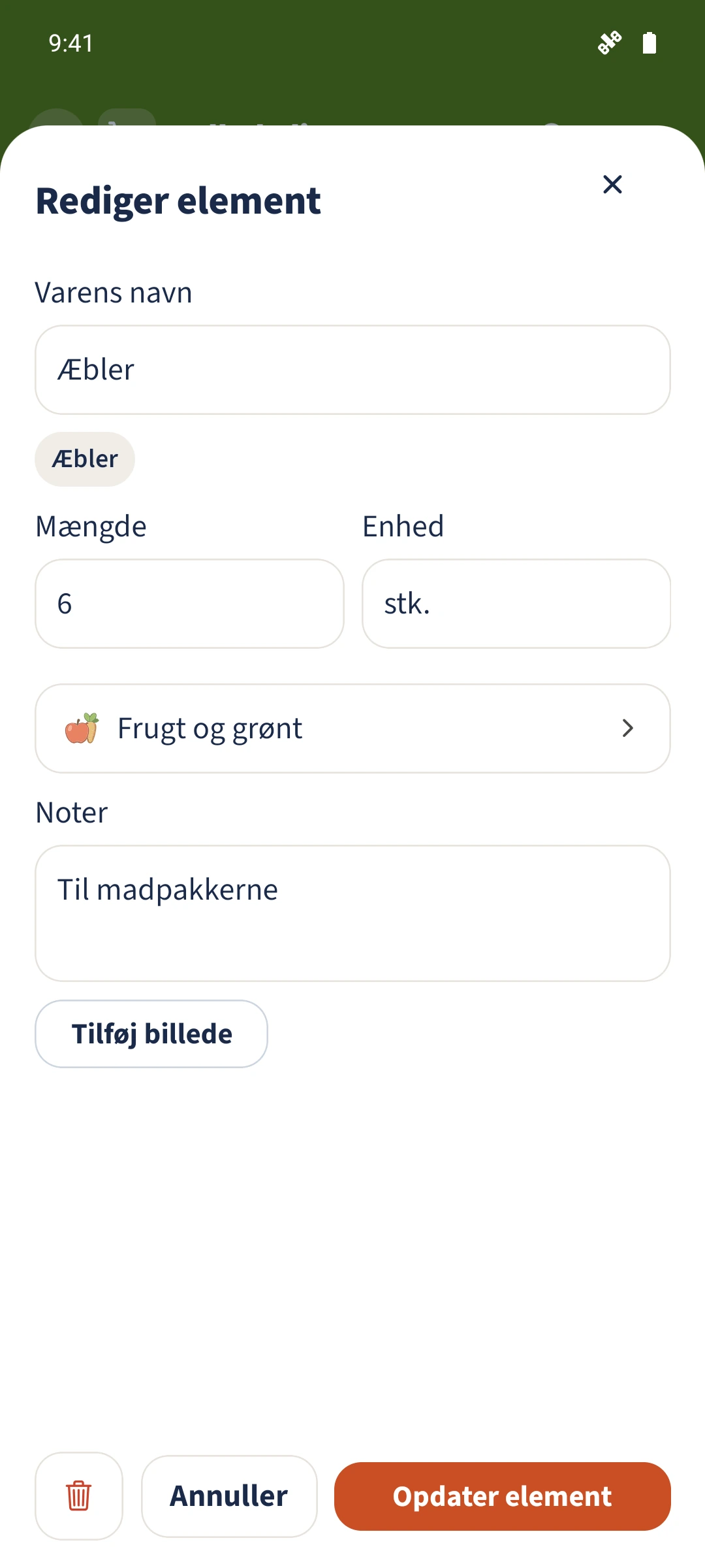 Vareeditoren viser kategorien sammen med mængde, enhed og noter.